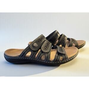 Black Clark's Woman's Leather Sandals Shoes Flats Slip-on's Adjustable Size 8.5